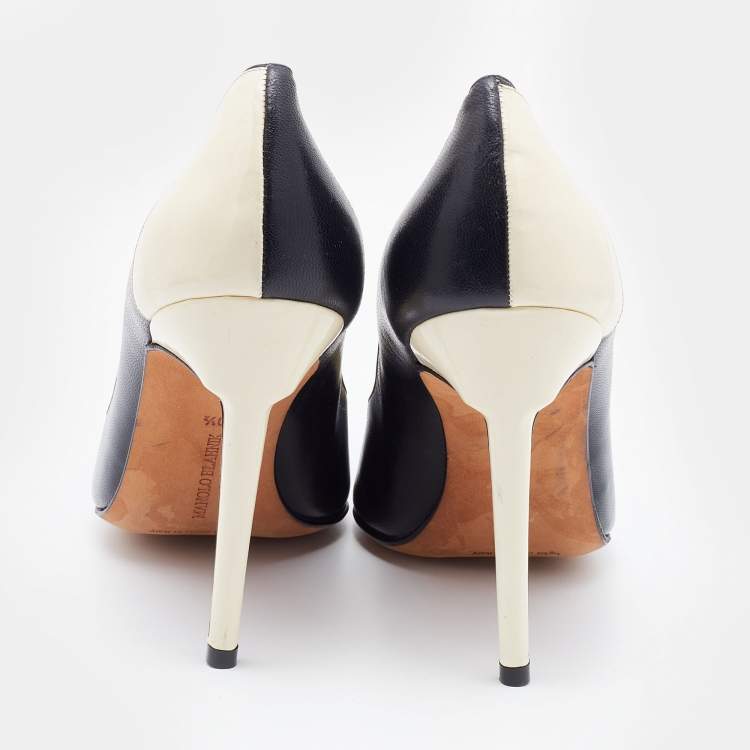Pre Owned Manolo Blahnik Black/White Patent and Leather Square Toe Pumps Size 40.5