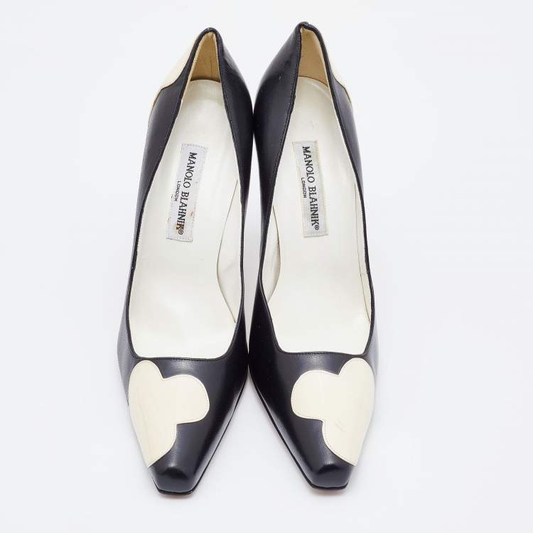 Pre Owned Manolo Blahnik Black/White Patent and Leather Square Toe Pumps Size 40.5