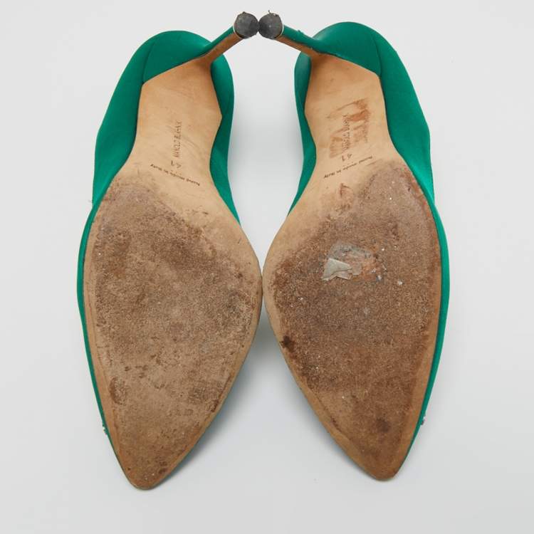 Pre Owned Manolo Blahnik Green Satin Hangisi Pumps Size 41