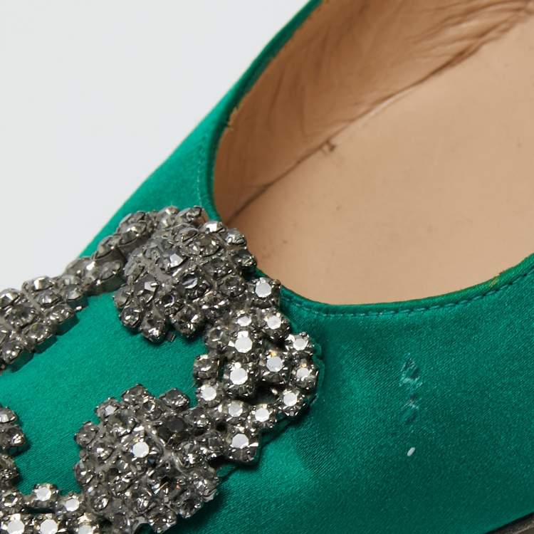 Pre Owned Manolo Blahnik Green Satin Hangisi Pumps Size 41