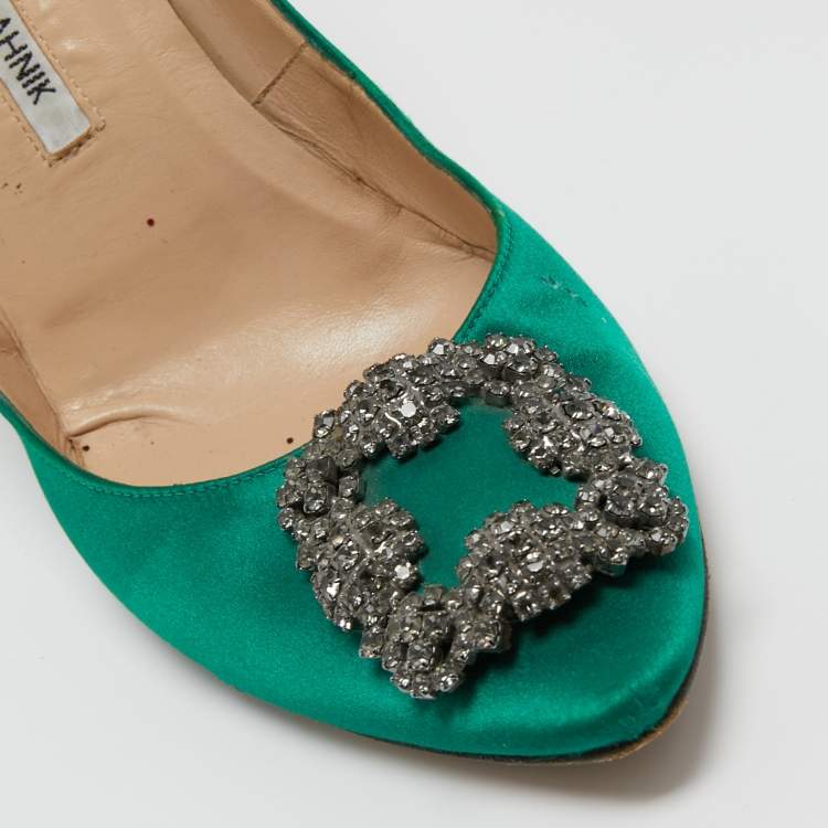 Pre Owned Manolo Blahnik Green Satin Hangisi Pumps Size 41