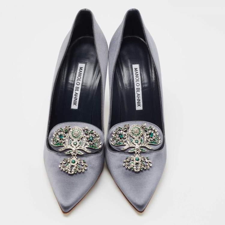 Pre Owned Manolo Blahnik Grey Satin Embellishment Pointed Toe Pumps Size 37