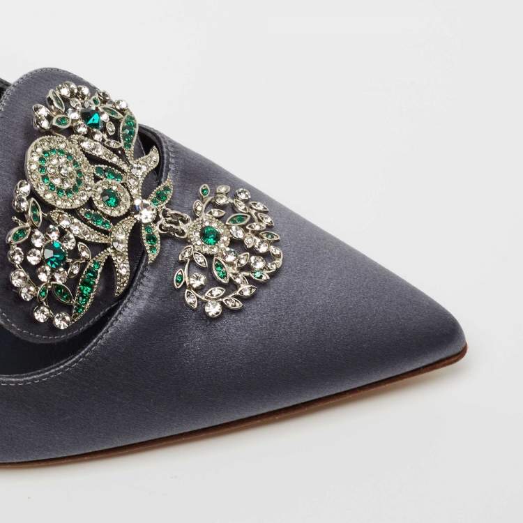 Pre Owned Manolo Blahnik Grey Satin Embellishment Pointed Toe Pumps Size 37