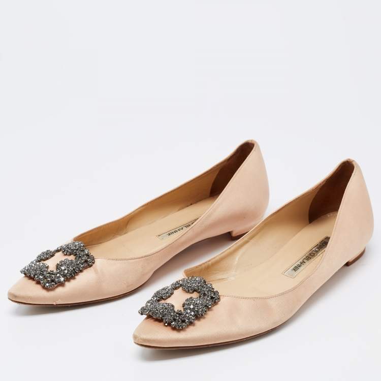 Pre Owned Manolo Blahnik Beige Satin Hangisi Flats Ballet Size 37.5