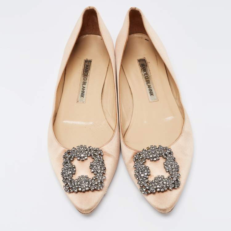 Pre Owned Manolo Blahnik Beige Satin Hangisi Flats Ballet Size 37.5