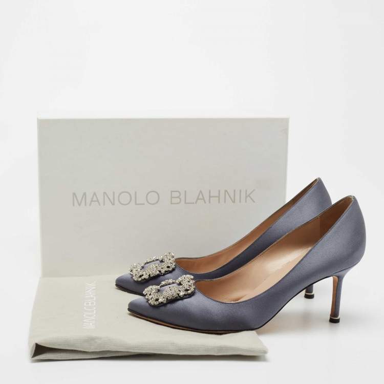 Pre Owned Manolo Blahnik Grey Satin Hangisi Embellished Pumps Size 38.5