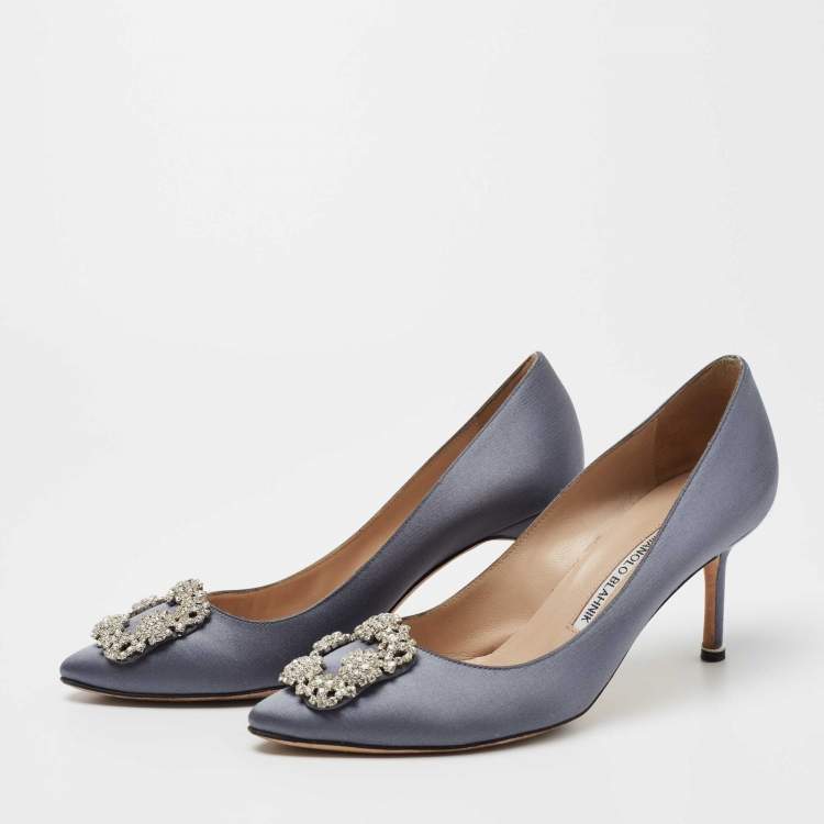 Pre Owned Manolo Blahnik Grey Satin Hangisi Embellished Pumps Size 38.5
