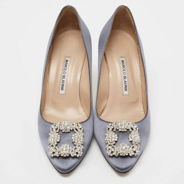 Pre Owned Manolo Blahnik Grey Satin Hangisi Embellished Pumps Size 38.5
