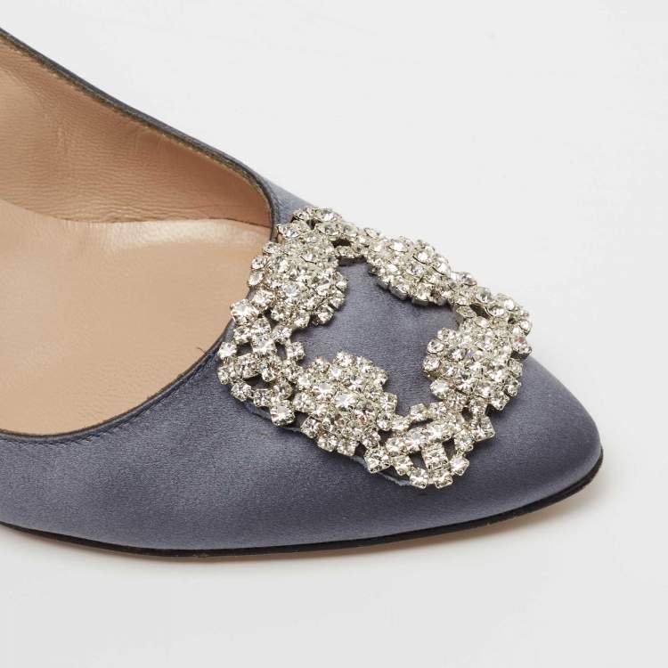 Pre Owned Manolo Blahnik Grey Satin Hangisi Embellished Pumps Size 38.5