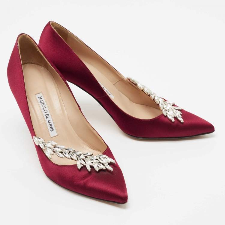 Pre Owned Manolo Blahnik Burgundy Satin Nadira Pumps Size 37.5