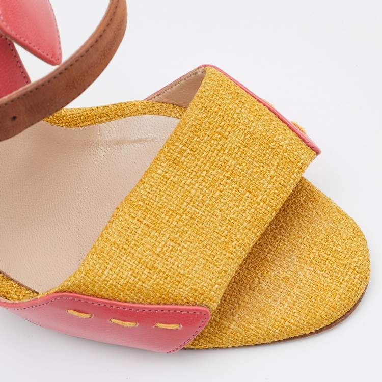 Pre Owned Manolo Blahnik Multicolor Leather/Fabric and Suede Ankle Strap Sandals Size 38.5