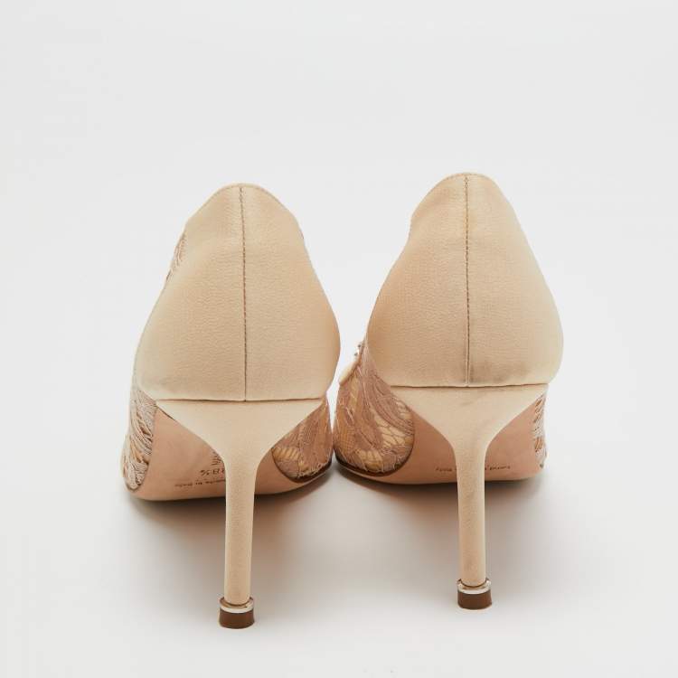 Pre Owned Manolo Blahnik Beige Lace Hangisi  Pumps Size 38.5