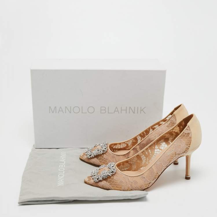Pre Owned Manolo Blahnik Beige Lace Hangisi  Pumps Size 38.5