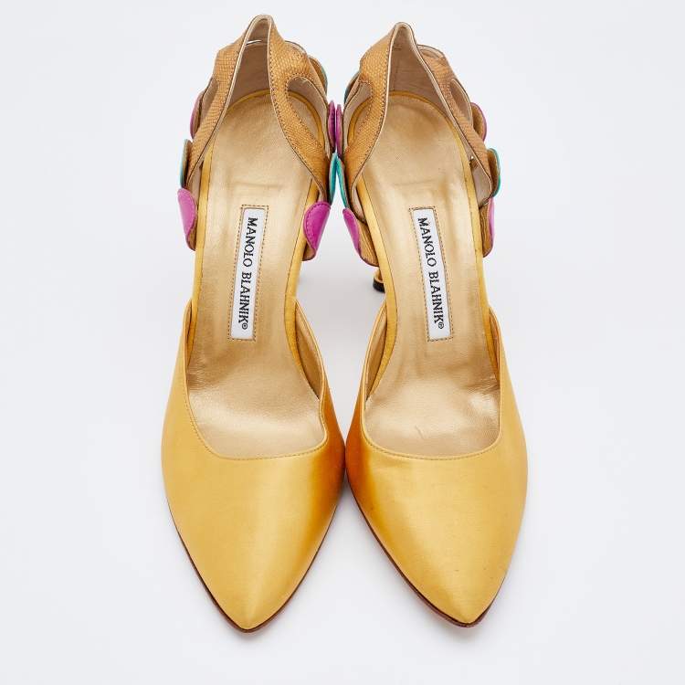 Pre Owned Manolo Blahnik Multicolor Satin and Iguana Leather D'orsay Pointed Toe Pumps Size 41