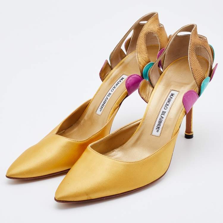 Pre Owned Manolo Blahnik Multicolor Satin and Iguana Leather D'orsay Pointed Toe Pumps Size 41