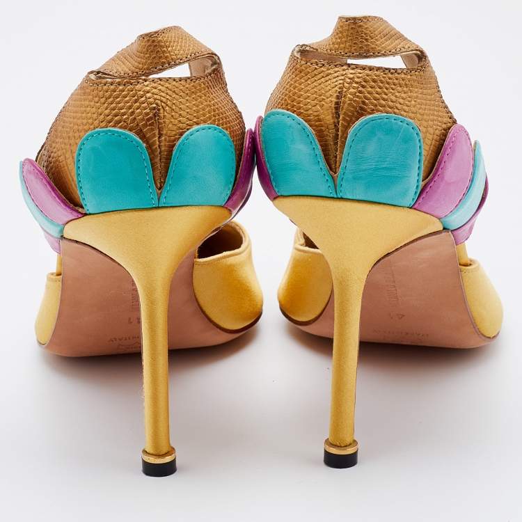 Pre Owned Manolo Blahnik Multicolor Satin and Iguana Leather D'orsay Pointed Toe Pumps Size 41