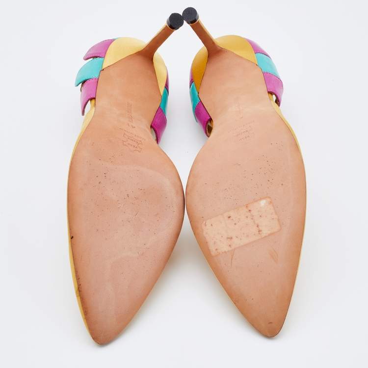 Pre Owned Manolo Blahnik Multicolor Satin and Iguana Leather D'orsay Pointed Toe Pumps Size 41