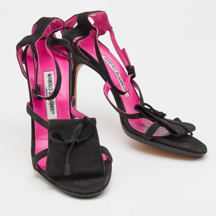 Pre Owned Manolo Blahnik Black Nubuck Leather Ankle Strap Sandals Size 40.5