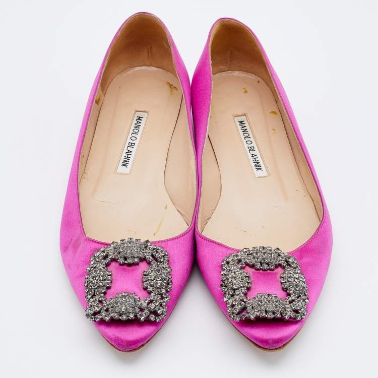 Pre Owned Manolo Blahnik Pink Satin Hangisi Crystal Embellished Ballet Flats Size 37.5