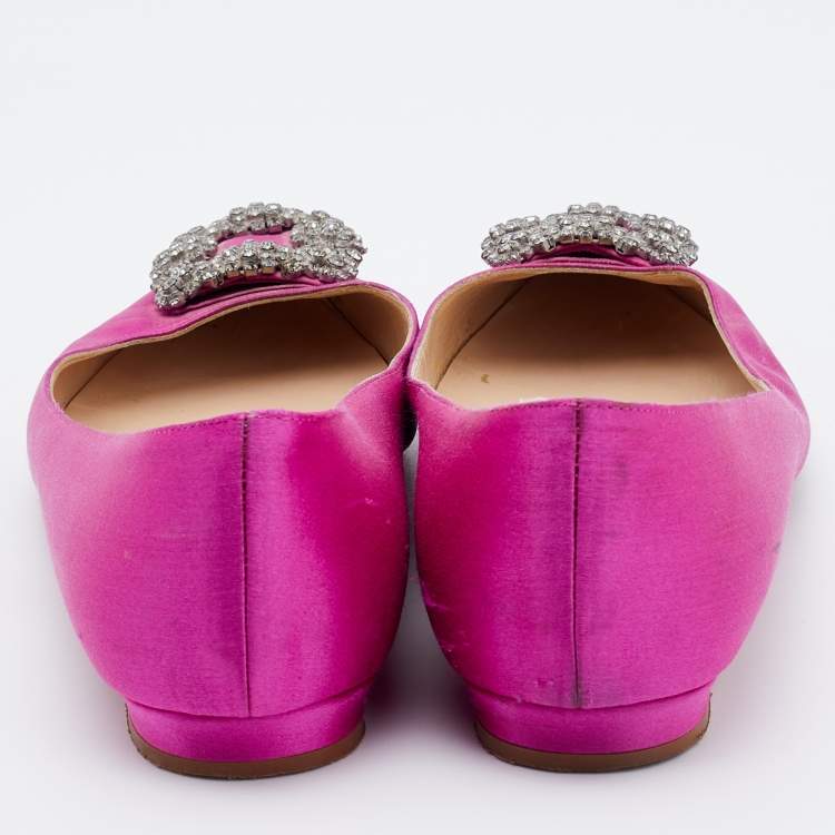 Pre Owned Manolo Blahnik Pink Satin Hangisi Crystal Embellished Ballet Flats Size 37.5