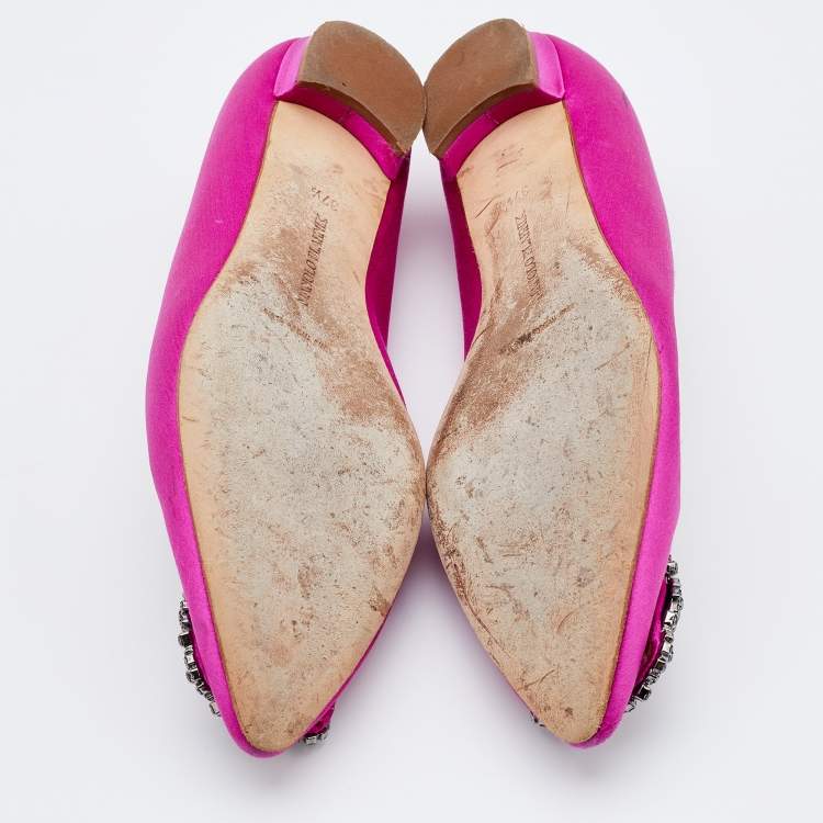 Pre Owned Manolo Blahnik Pink Satin Hangisi Crystal Embellished Ballet Flats Size 37.5