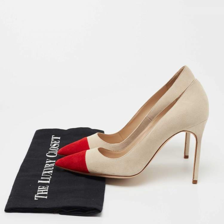 Pre Owned Manolo Blahnik Beige/Red Suede Bipunta Pointed Toe Pumps Size 38