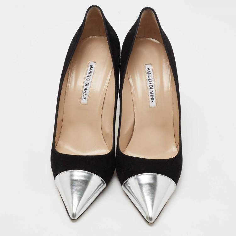 Pre Owned Manolo Blahnik Black/Silver Suede and Leather Cap Toe Pumps Size 41