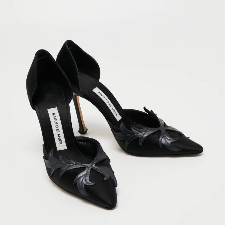 Pre Owned Manolo Blahnik Black Satin Embroidered Pointed Toe Pumps Size 40
