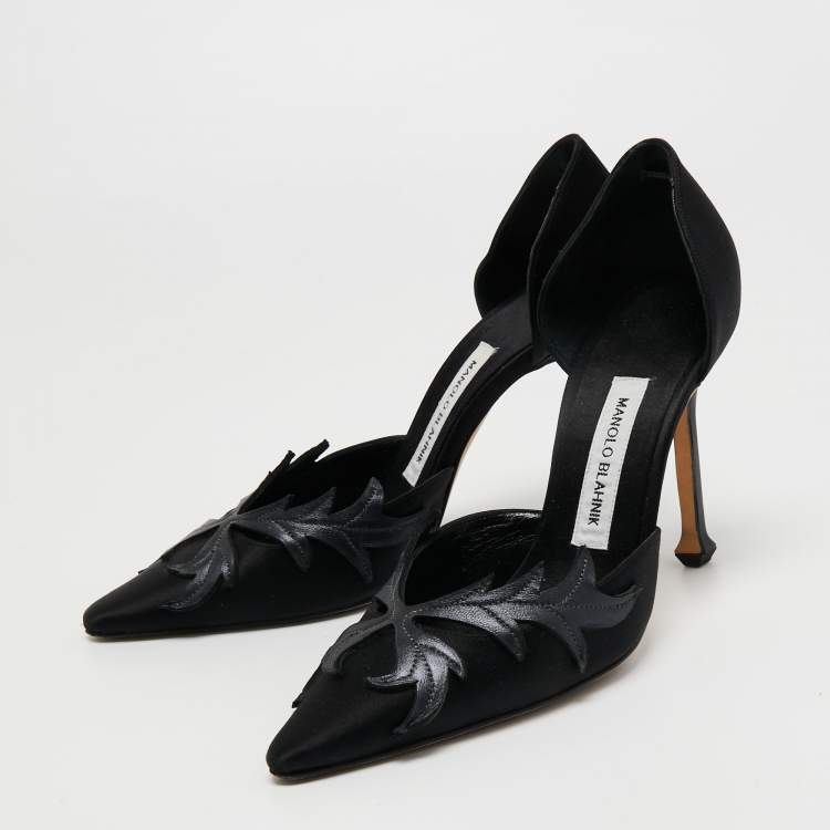 Pre Owned Manolo Blahnik Black Satin Embroidered Pointed Toe Pumps Size 40