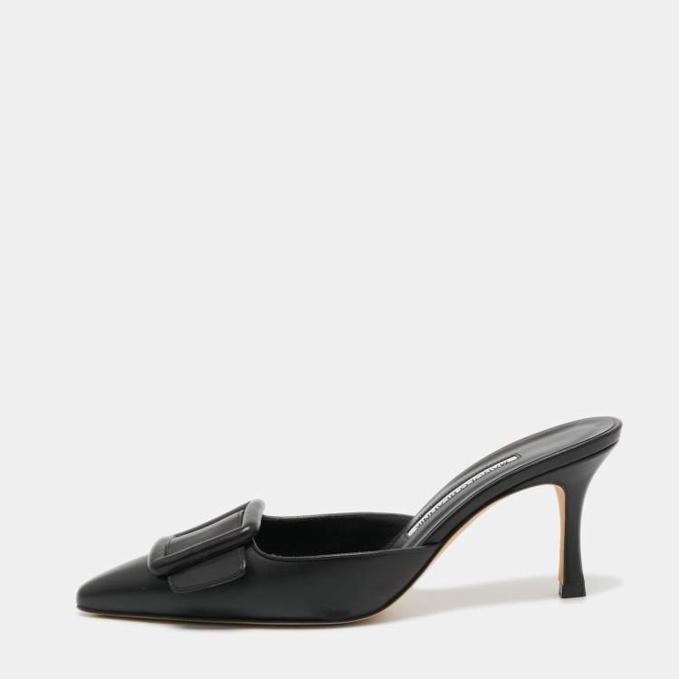 Pre Owned Manolo Blahnik Black Leather Maysale Mules Size 37