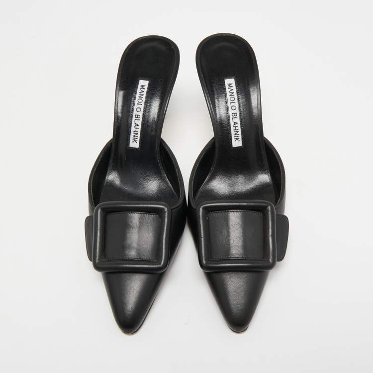 Pre Owned Manolo Blahnik Black Leather Maysale Mules Size 37