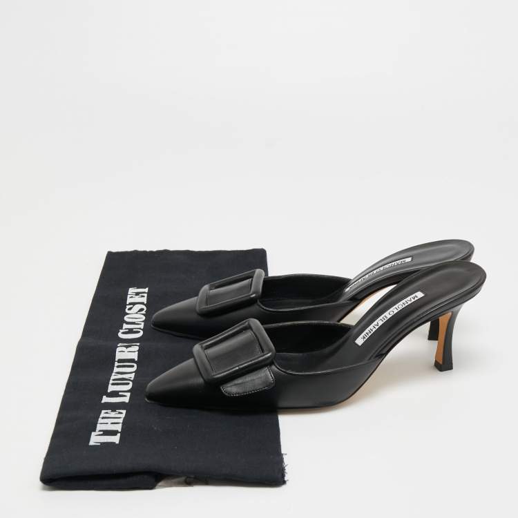 Pre Owned Manolo Blahnik Black Leather Maysale Mules Size 37