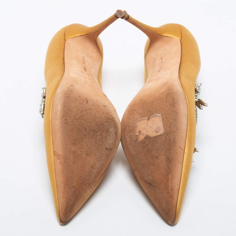 Pre Owned Manolo Blahnik Mustard Yellow Satin Nadira Pumps Size 38.5