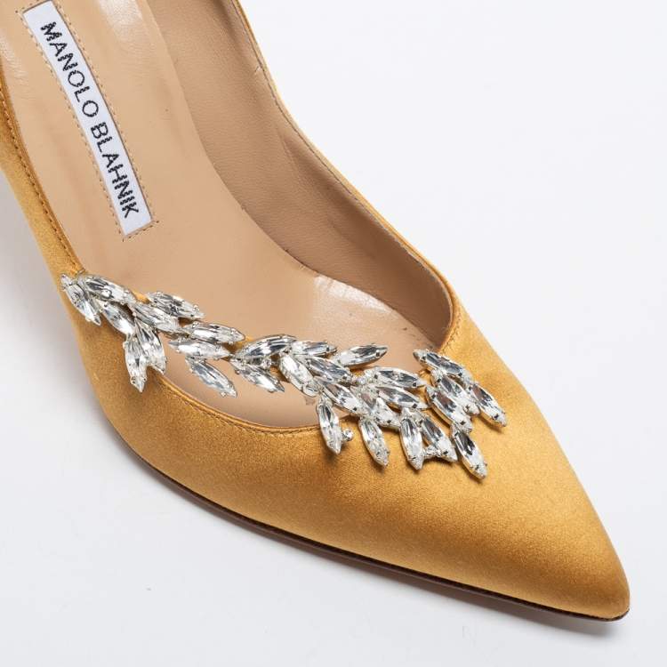 Pre Owned Manolo Blahnik Mustard Yellow Satin Nadira Pumps Size 38.5