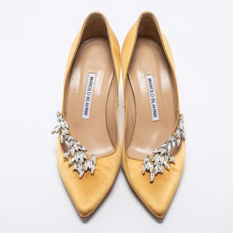 Pre Owned Manolo Blahnik Mustard Yellow Satin Nadira Pumps Size 38.5