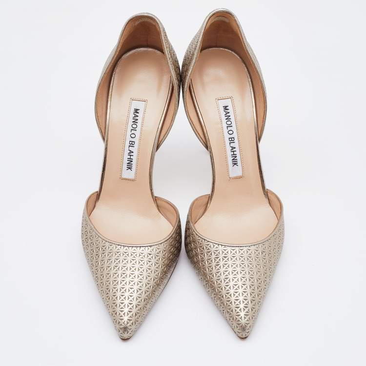 Pre Owned Manolo Blahnik  Metallic Gold Embossed Leather Tayler Pointed Toe D'orsay Pumps Size 36.5