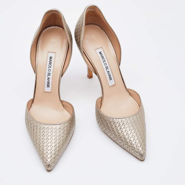 Pre Owned Manolo Blahnik  Metallic Gold Embossed Leather Tayler Pointed Toe D'orsay Pumps Size 36.5