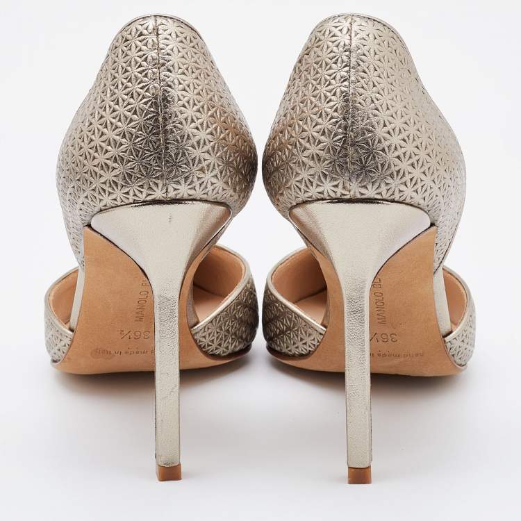 Pre Owned Manolo Blahnik  Metallic Gold Embossed Leather Tayler Pointed Toe D'orsay Pumps Size 36.5