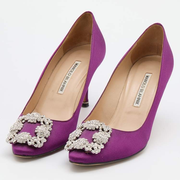 Pre Owned Manolo Blahnik Dark Purple Satin Hangisi Crystal Embellished Pumps Size 37