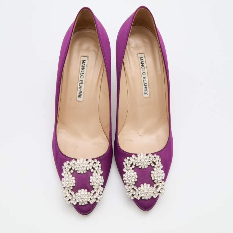 Pre Owned Manolo Blahnik Dark Purple Satin Hangisi Crystal Embellished Pumps Size 37
