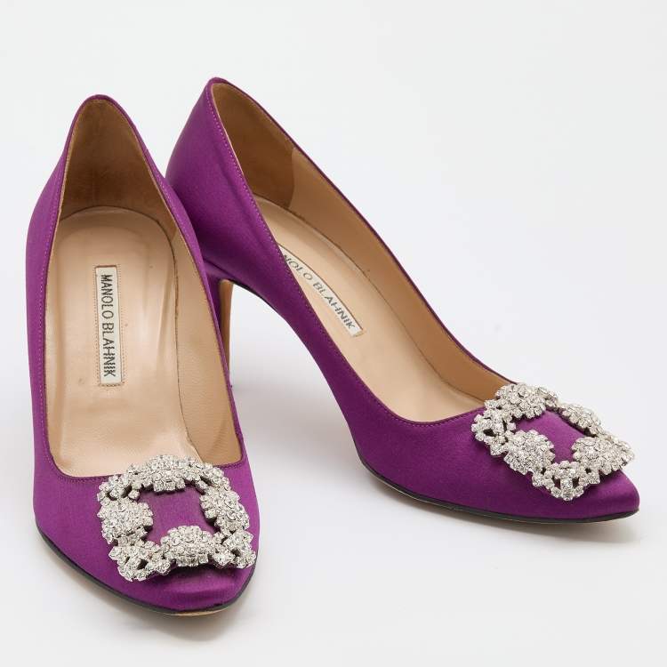 Pre Owned Manolo Blahnik Dark Purple Satin Hangisi Crystal Embellished Pumps Size 37