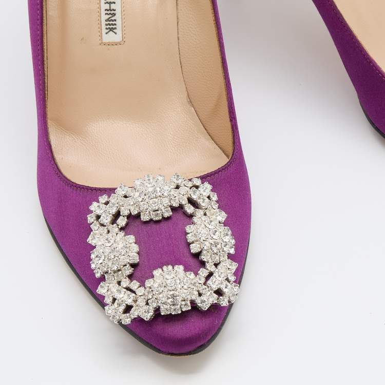 Pre Owned Manolo Blahnik Dark Purple Satin Hangisi Crystal Embellished Pumps Size 37