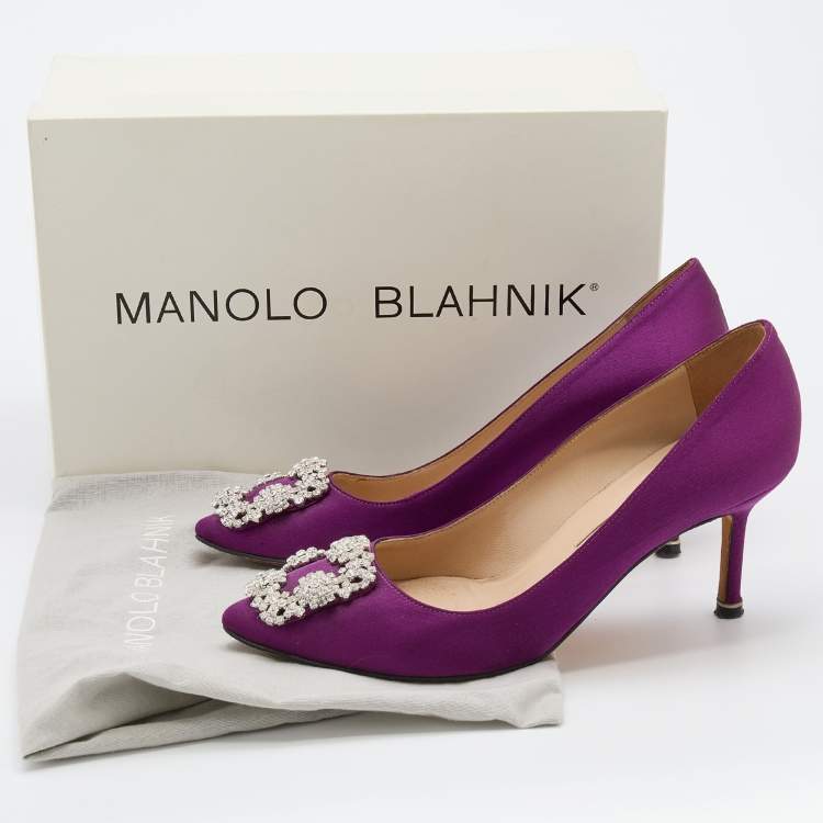 Pre Owned Manolo Blahnik Dark Purple Satin Hangisi Crystal Embellished Pumps Size 37