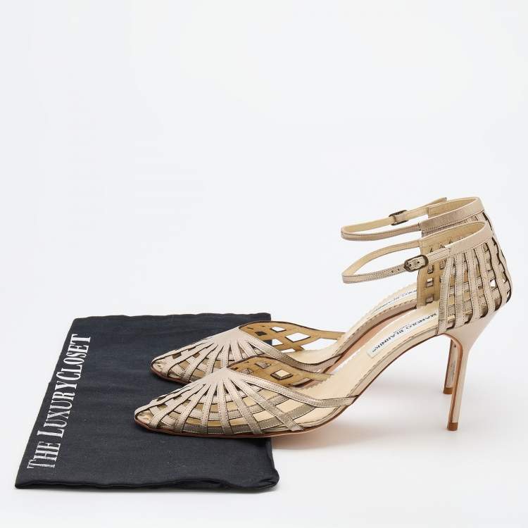 Pre Owned Manolo Blahnik Metallic Silver Leather Ankle Strap Pumps Size 40.5