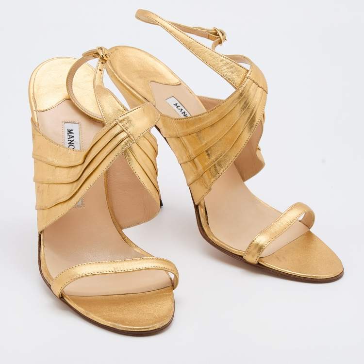 Pre Owned Manolo Blahnik Gold Leather Ankle Strap Sandals Size 40