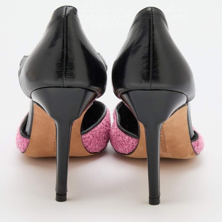 Pre Owned Manolo Blahnik Pink/Black Fabric and Leather T-Strap Pumps Size 38