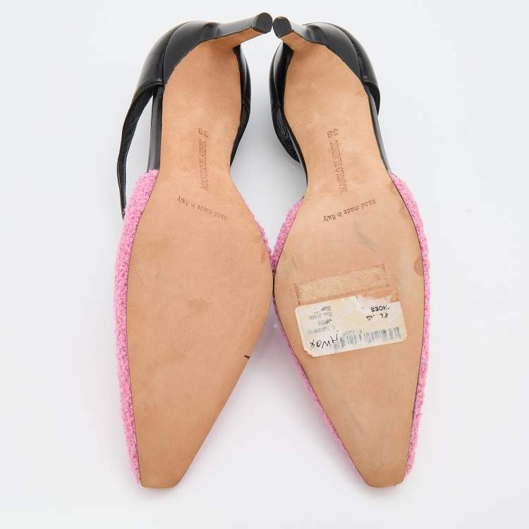 Pre Owned Manolo Blahnik Pink/Black Fabric and Leather T-Strap Pumps Size 38