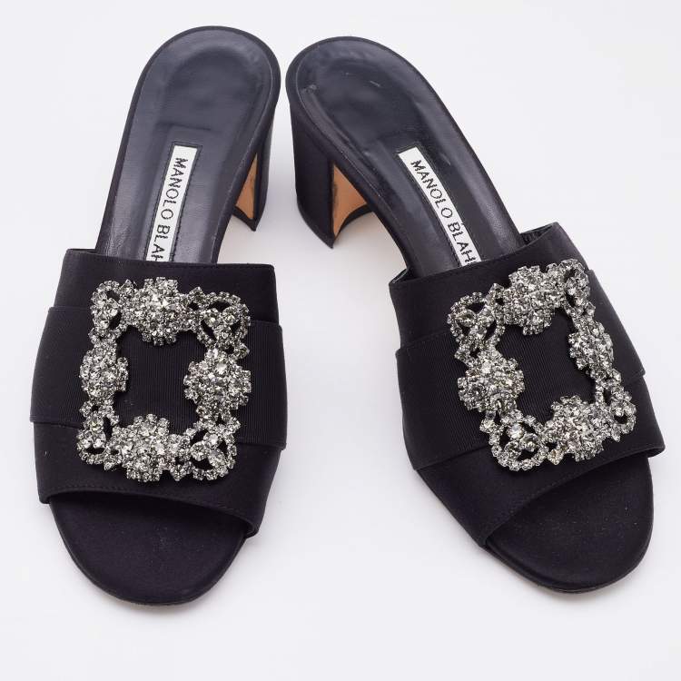 Pre Owned Manolo Blahnik Black Satin Martamod Crystal Embellished Mules Size 37