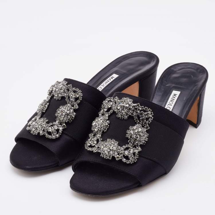 Pre Owned Manolo Blahnik Black Satin Martamod Crystal Embellished Mules Size 37