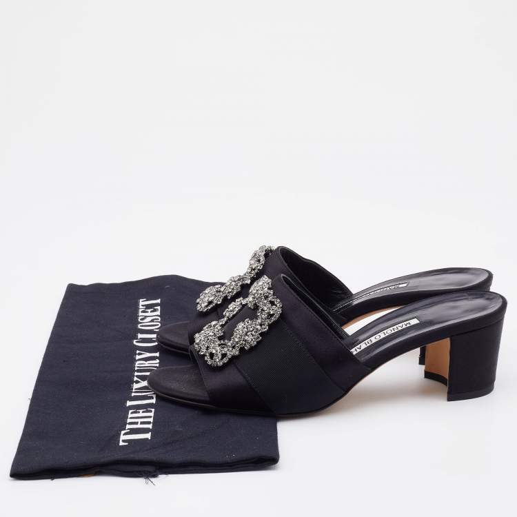 Pre Owned Manolo Blahnik Black Satin Martamod Crystal Embellished Mules Size 37